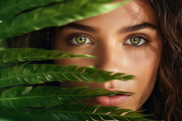 Foto bella donna selvaggia in natura foglie verdi giovane ragazza selvaggia ritratto occhi di donna bellezza close-up cosmetici naturali ecologici prodotti biologici concetto di illustrazione generativa ai