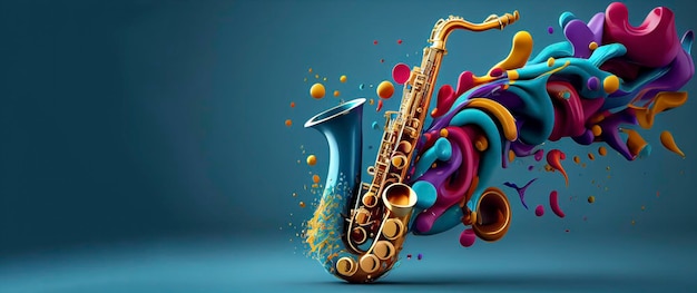 음악 배너 축제를 위한 마법 같은 스플래시 텍스처가 있는 아름다운 색소폰