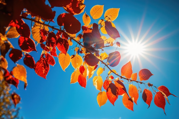 A beautiful scene of autumn leaves against a clear blue sky