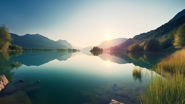 Beautiful Scene of a Blue Lake and Sunrise in SpringSummer