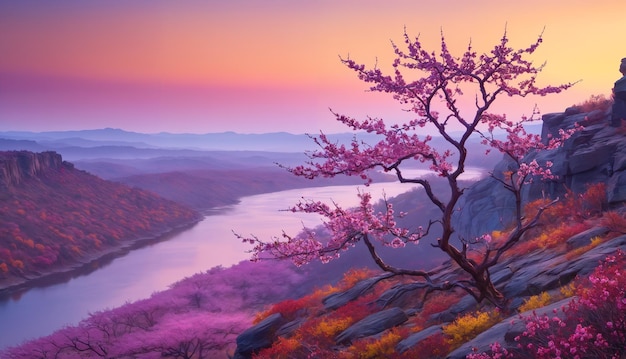 ピンクの花をかせた桜の木の美しい景色木は色とりどりの花に囲まれており風景は川と山を背景に描いています