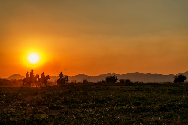 A beautiful scene of cowboys riding horseback during sunset in golden hour