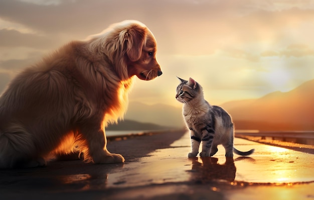 Beautiful scene of a Dog and cat playing in the street