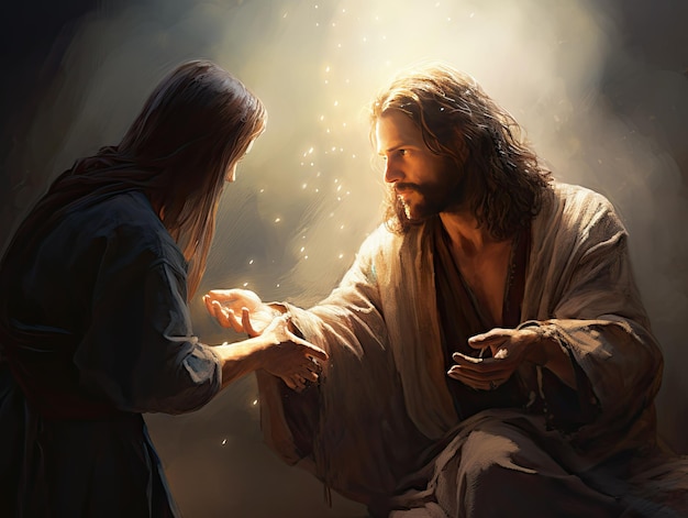 Beautiful scene of Jesus helping a person in the darkness depression light God illustration