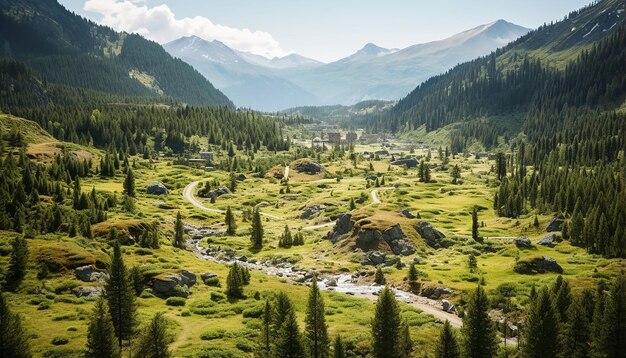 a beautiful scene of a mountain valley with trees in the style of detailed miniatures