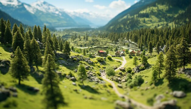 a beautiful scene of a mountain valley with trees in the style of detailed miniatures