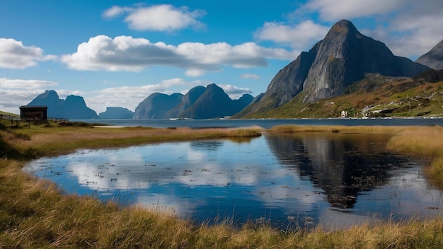 Beautiful scene of a pond in lofoten islands in norway on a sunny day