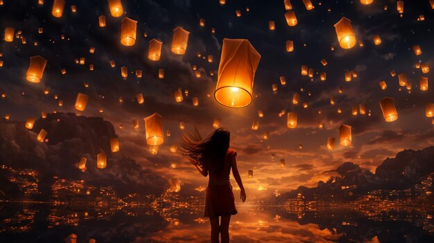 Photo beautiful scene of realising sky lantern