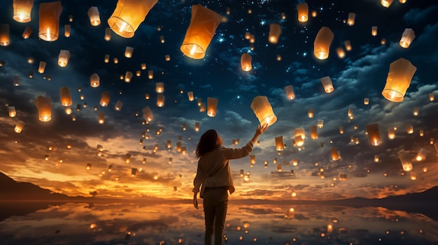 Photo beautiful scene of realising sky lantern
