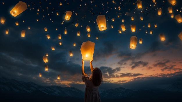 beautiful scene of realising sky lantern