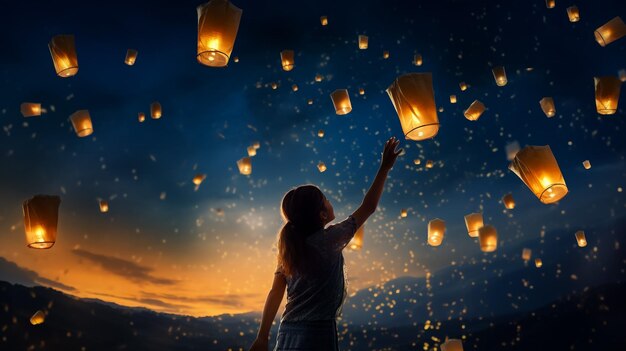 beautiful scene of realising sky lantern