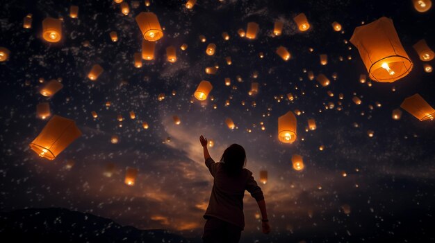 Photo beautiful scene of realising sky lantern