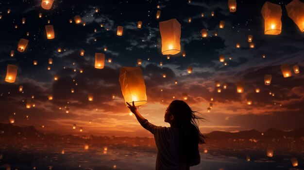 Photo beautiful scene of realising sky lantern