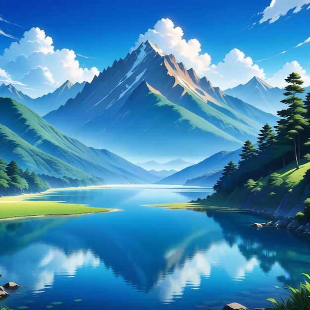 Foto bellissimi paesaggi e cielo blu in stile anime