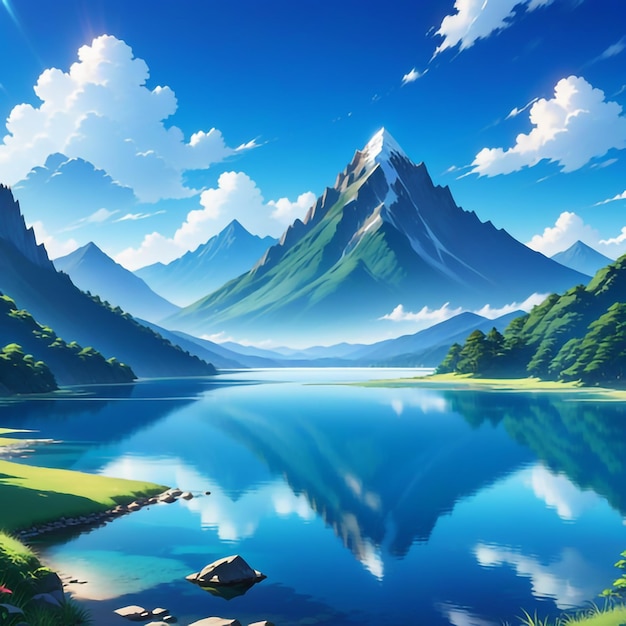 Foto bellissimi paesaggi e cielo blu in stile anime