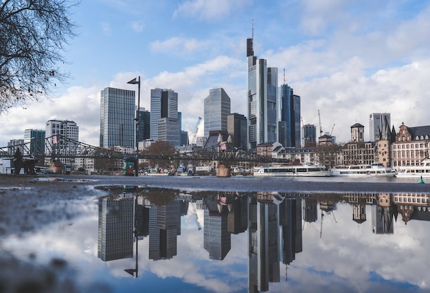 Beautiful scenery of cityscapes reflected on the water in Frankfurt Germany