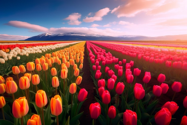 Beautiful scenery of a colorful tulips field under beautiful sunset sky made with AI FDGFGCB CX