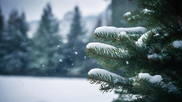 Beautiful scenery of falling snow in focus and a pine tree