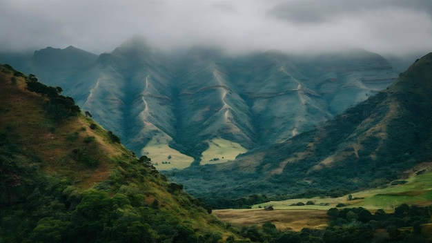 Beautiful scenery of a green landscape of mountains enveloped in fog