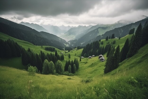 Прекрасный пейзаж зеленой долины возле Альп в Австрии под облачным небом