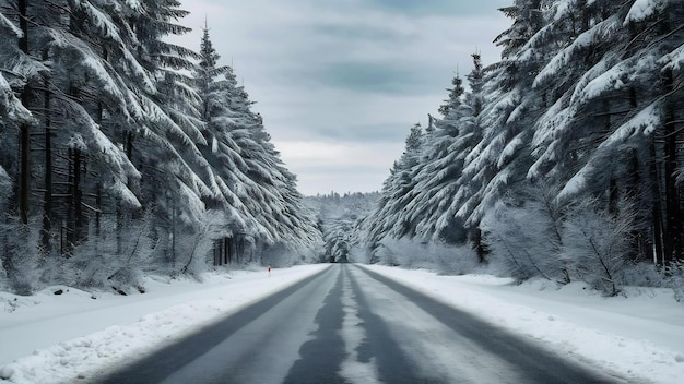 Beautiful scenery of an iced road surrounded by fir trees covered with snow