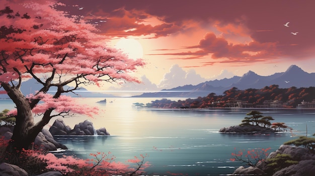 Beautiful scenery in japanese illustration background