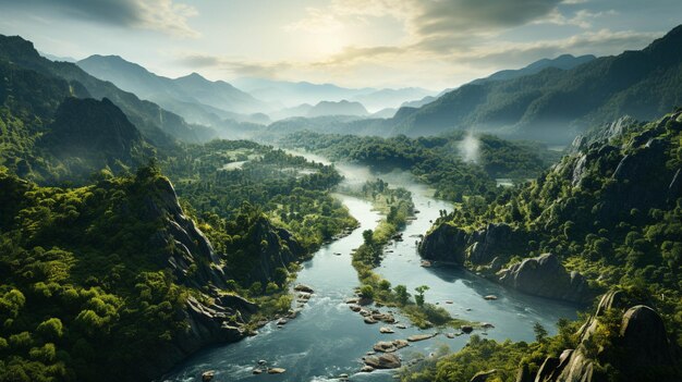 Beautiful scenery of a Jungle rainforest with river and fog over tree