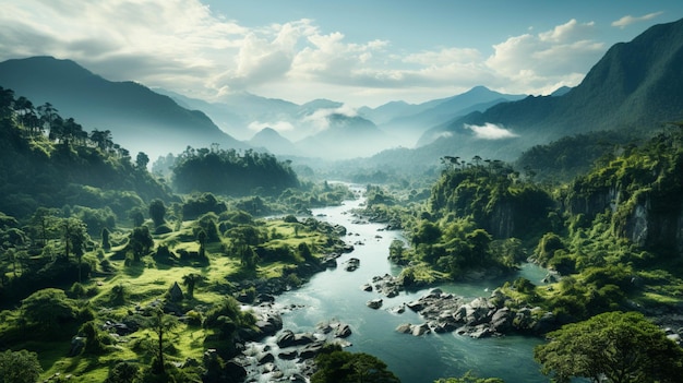 Beautiful scenery of a Jungle rainforest with river and fog over tree