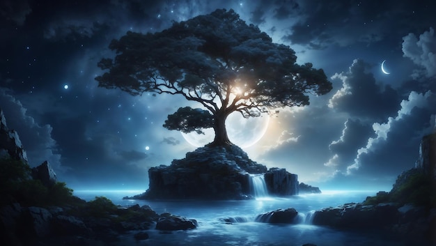 AIが生成した木と滝のデザインの壁紙を備えた月明かりの空の美しい風景