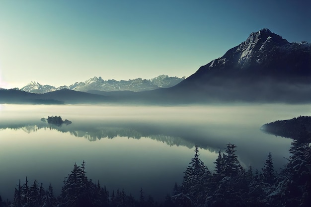 美しい景色の山の風景と湖