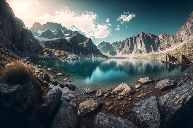 beautiful scenery of mountains and lakes, creative ai