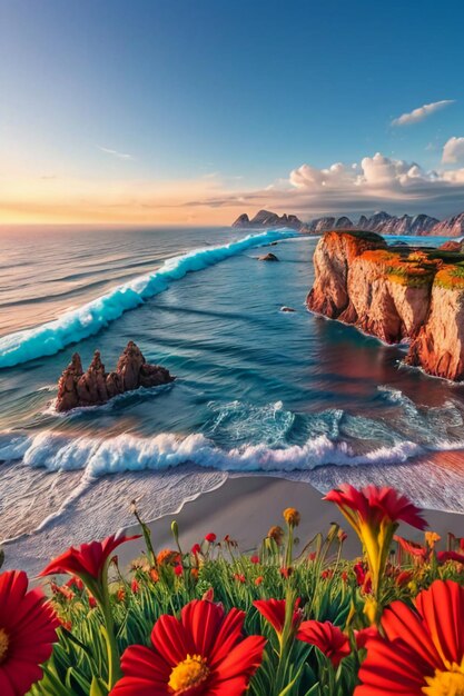 Foto bellissimo scenario montagne mare spiaggia cielo blu nuvole bianche sfondo carta da parati vista sul mare