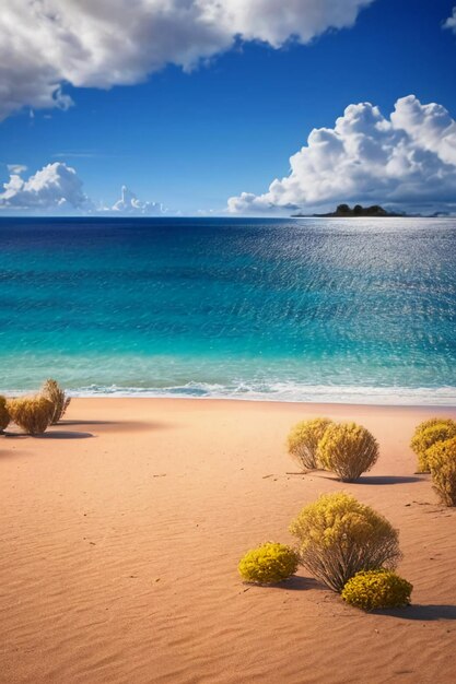 Beautiful scenery mountains sea beach blue sky white clouds seascape wallpaper background