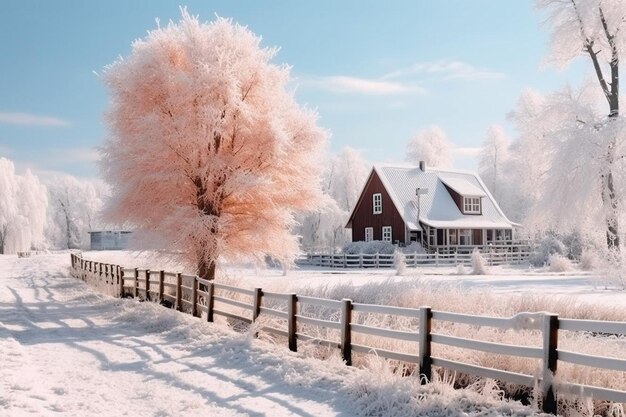사진 나무 울타리 와 두꺼운 나무 가 있는 아름다운 겨울 풍경
