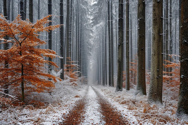 Beautiful scenery of a pathway in a forest with trees covered with frost