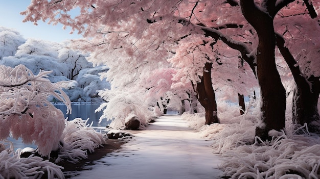 Beautiful scenery of a pathway in a forest with trees covered with frost