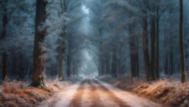 Beautiful scenery of a pathway in a forest with trees covered with frost