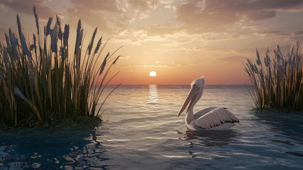 해가 지는 동안 수영 하는 펠리칸 과 함께 바가 에 있는 프라그미트 식물 들 의 아름다운 풍경