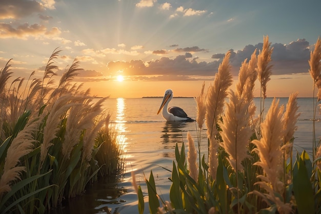 Beautiful scenery of phragmites plants by the sea with a swimming pelican at sunset