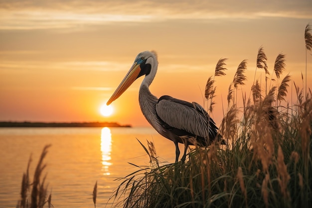 Beautiful scenery of phragmites plants by the sea with a swimming pelican at sunset
