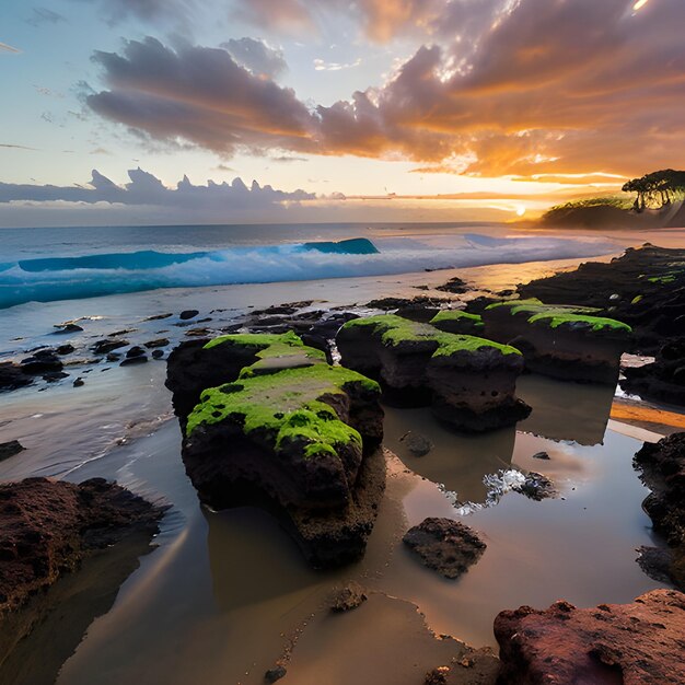 beautiful scenery of rock formations by the sea at queens bath kauai hawaii at sunset