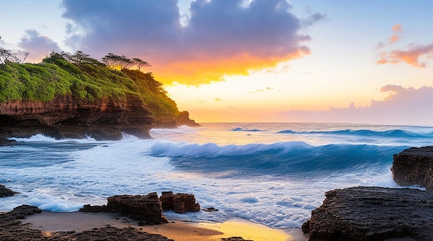 일몰 때 퀸즈 바스 카우아이 하와이에서 바다 옆 암석의 아름다운 풍경