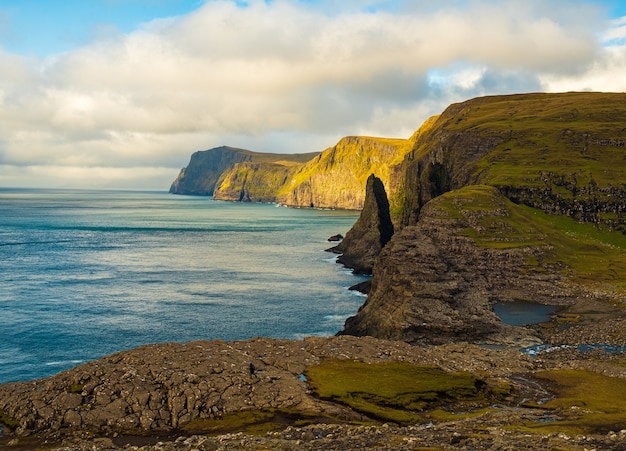 Beautiful scenery of rocky cliffs by the sea in the faroe islands under a cloudy sky