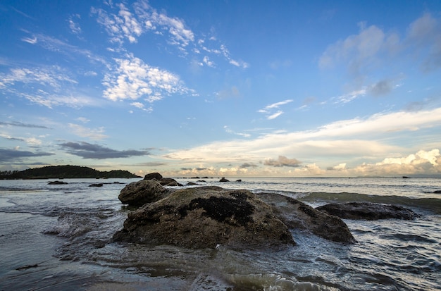 Beautiful scenery the rocky coastline, the sea and the beautiful clouds in morning.