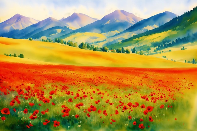 A beautiful scenery Serene Summer Mountains A Breathtaking Watercolor Scenery Generative AI