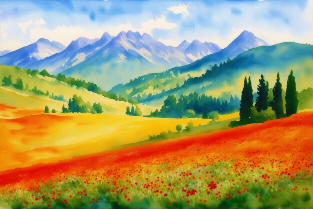 A beautiful scenery Serene Summer Mountains A Breathtaking Watercolor Scenery Generative AI