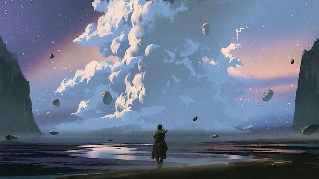 美麗的風景顯示一個男人騎著馬在令人驚訝的風景,數碼藝術風格,插圖畫