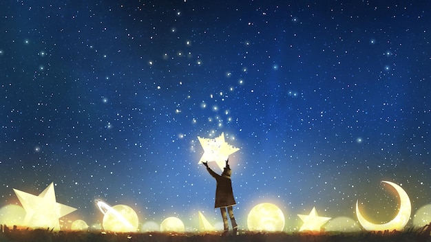 Photo beautiful scenery showing the young boy standing among glowing planets and holding the star up in the night sky, digital art style, illustration painting