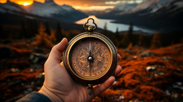 Beautiful scenery and a tourist holding an antique compass