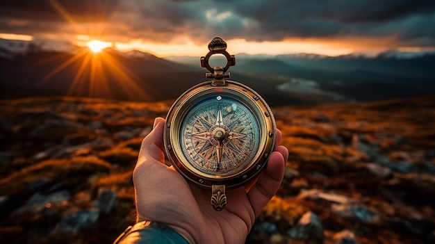 Beautiful scenery and a tourist holding an antique compass